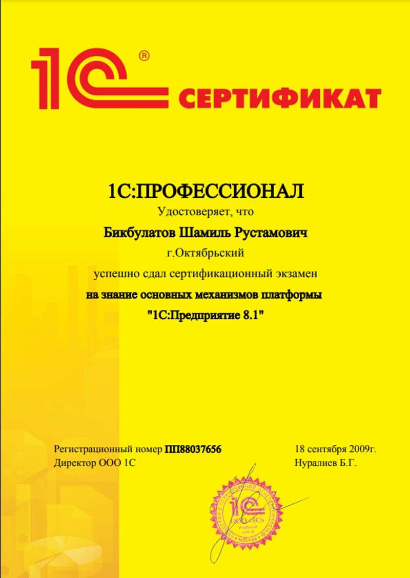 Скан документа: 1С:Профессионал по платформе «1С:Предприятие 8.1»