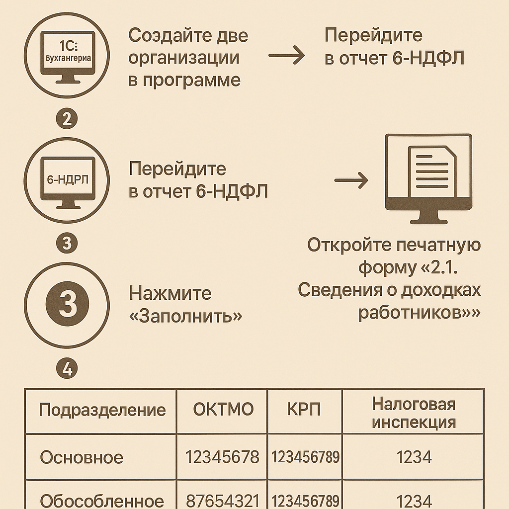 Как сформировать 6-НДФЛ по двум ОКТМО в одной налоговой в 1С:Бухгалтерия, редакция 3