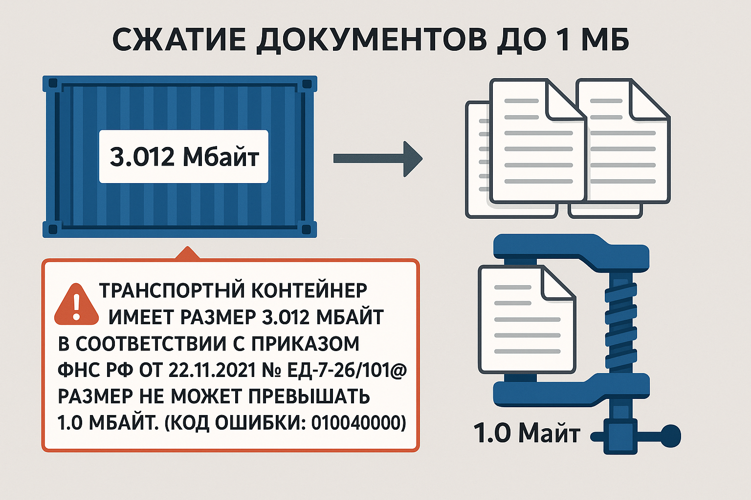 Транспортный контейнер имеет размер 3.012 Мбайт. В соответствии с приказом ФНС РФ от 22.11.2021 № ЕД-7-26/1011@ размер не может превышать 1.0 Мбайт.